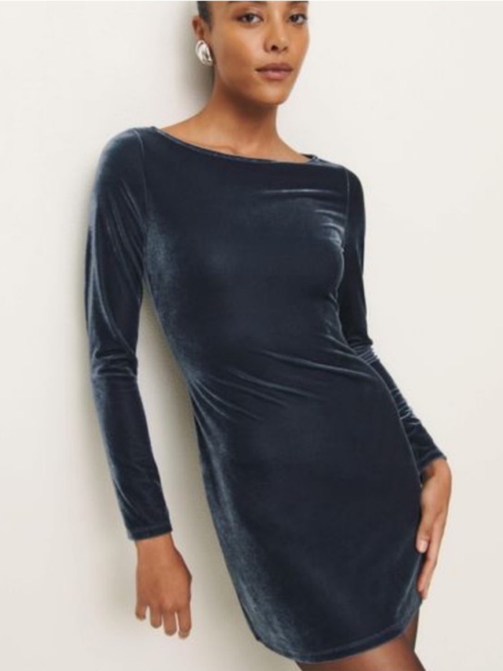 Reformation Long-Sleeve Velvet Dress in Navy